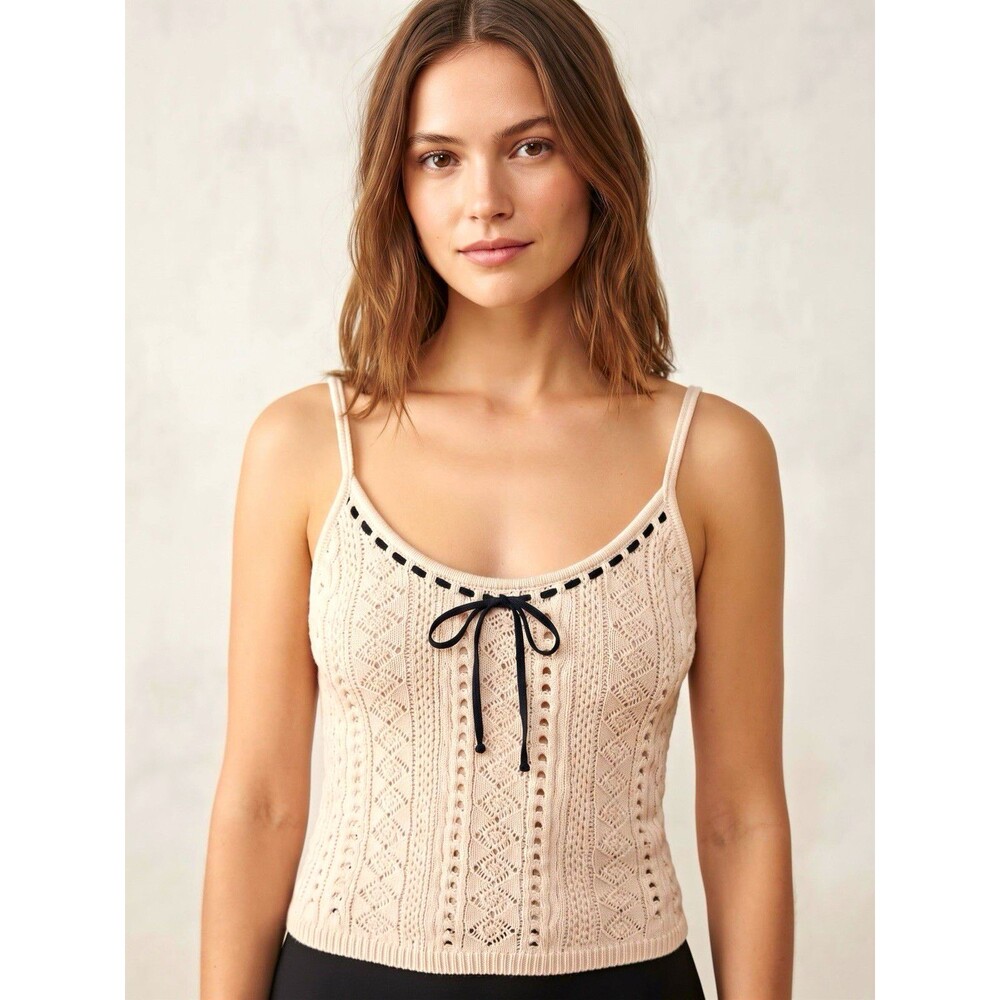 Reformation Blush Crochet Knit Camisole Spaghetti Strap Bow Tie Top Women’s L
